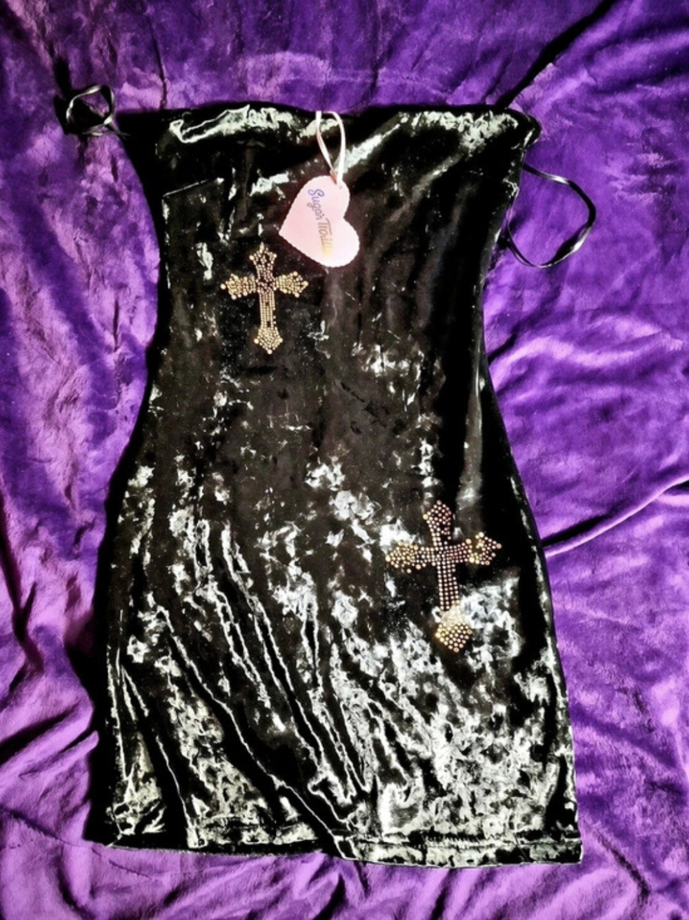 Sugar Thrillz Mini Velvet Cross Dress in Black & Purple Size XS